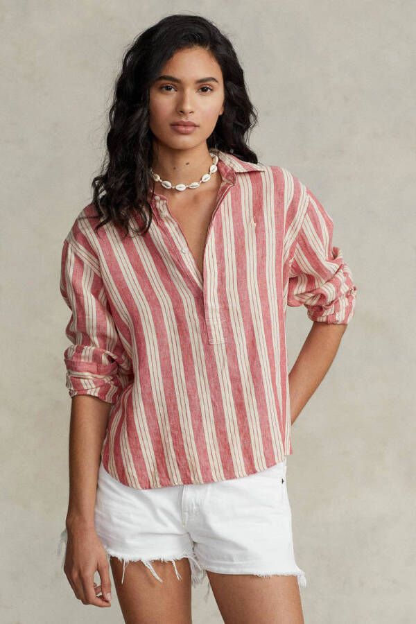 Polo Ralph Lauren Linnen blouse voor kort en achter lang met merkstitching