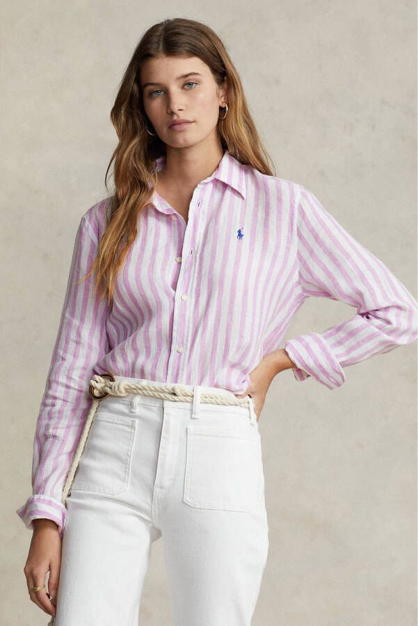 POLO Ralph Lauren gestreepte linnen blouse roze wit