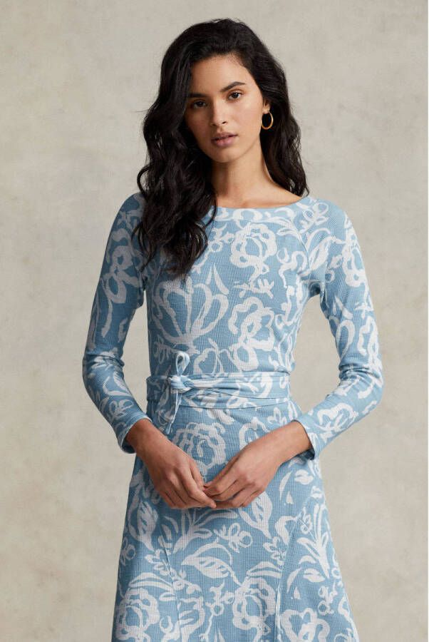 POLO Ralph Lauren jurk met all over print en ceintuur lichtblauw wit