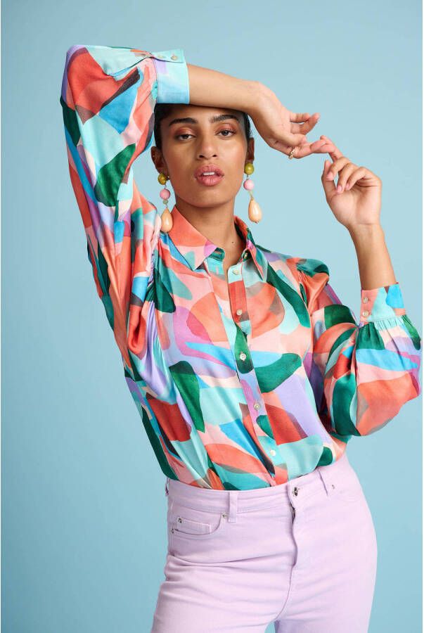 POM Amsterdam blouse Elements met all over print groen oranje lila
