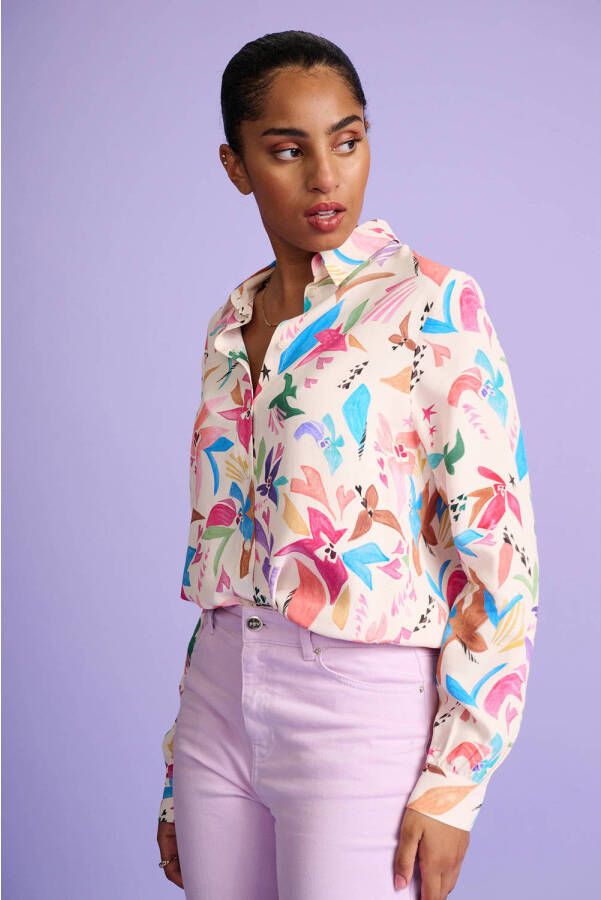 POM Amsterdam blouse Mila Origami Fest Ecru met all over print ecru blauw groen roze