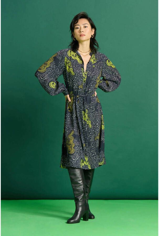 POM Amsterdam blousejurk met all over print en ceintuur donkerblauw