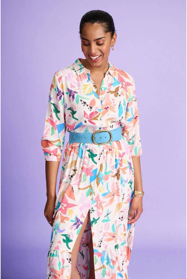 POM Amsterdam blousejurk OrigamiFest met all over print ecru groen blauw roze