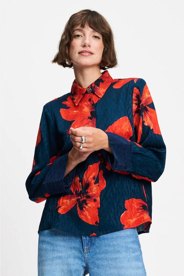 POM Amsterdam gebloemde blouse donkerblauw rood - Foto 3