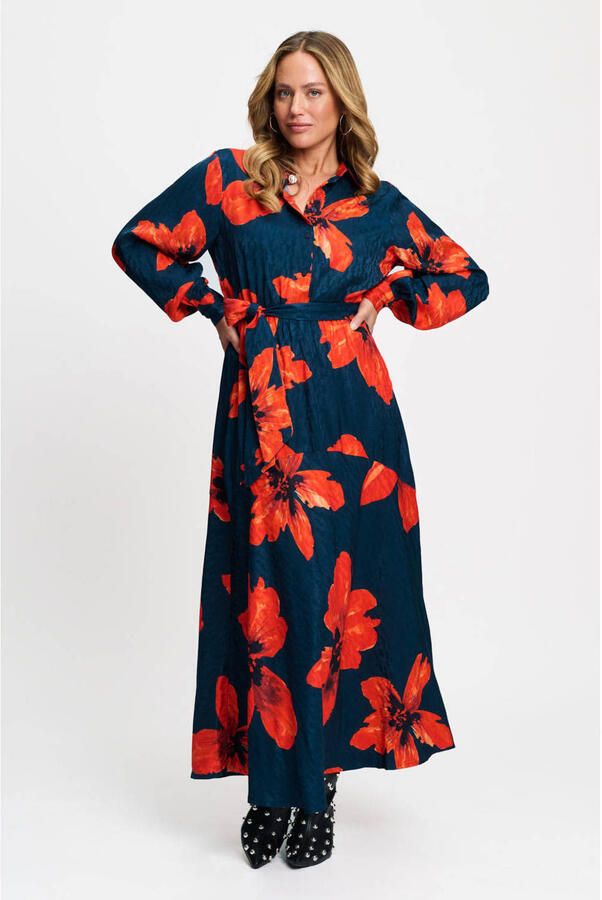 POM Amsterdam gebloemde maxi jurk met ceintuur donkerblauw rood
