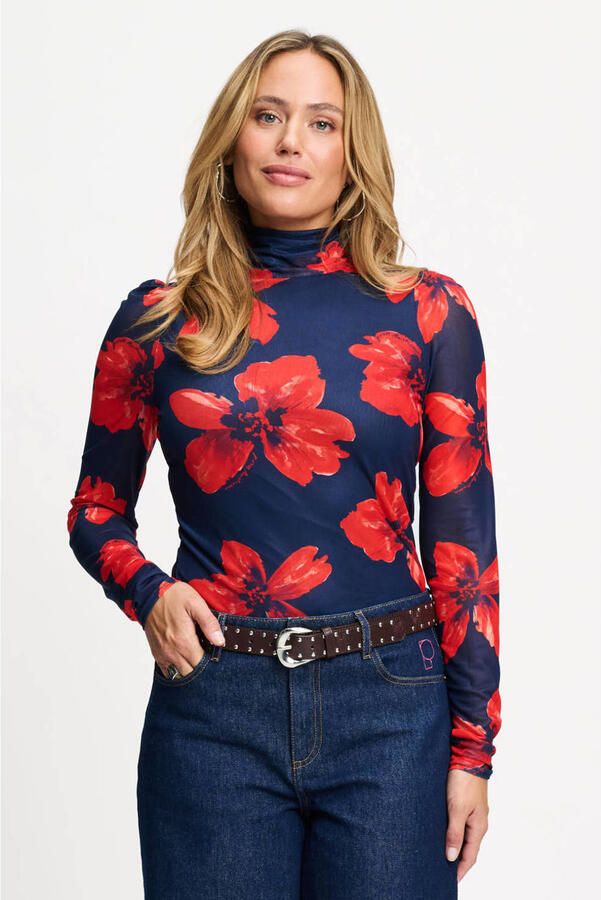 POM Amsterdam gebloemde top donkerblauw rood