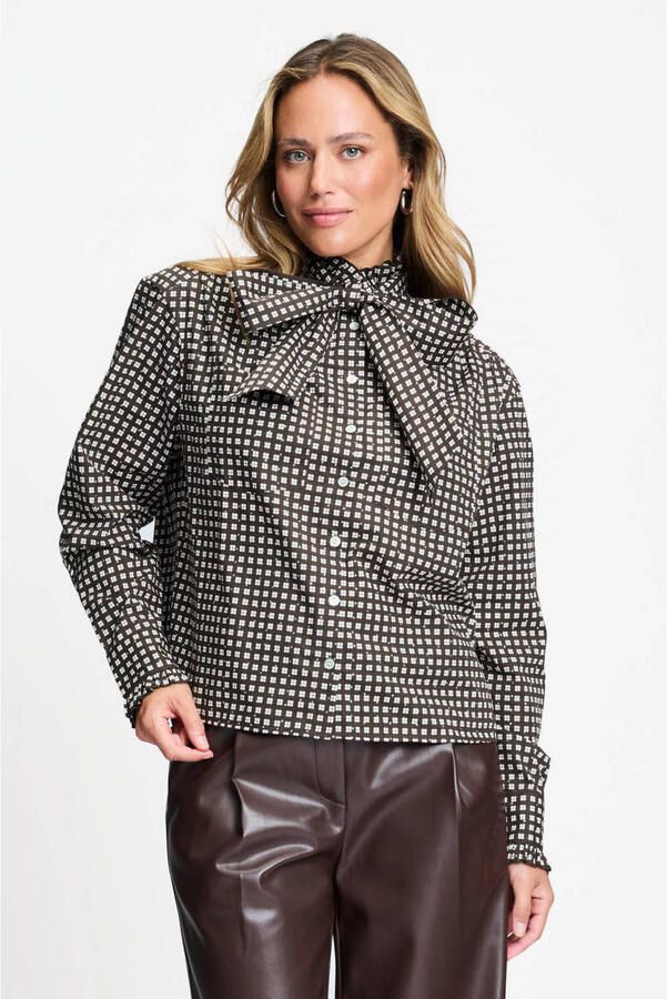 POM Amsterdam geruite blouse met ruches bruin