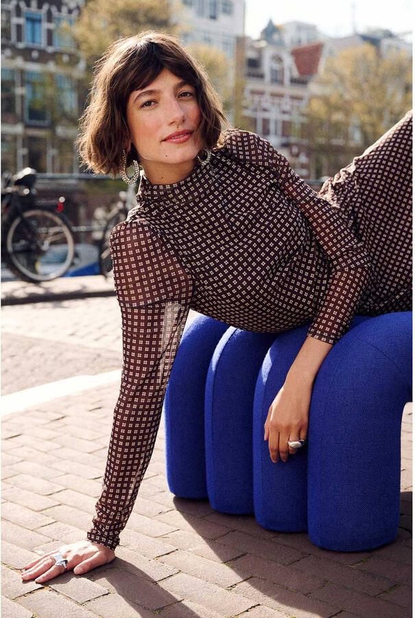 POM Amsterdam geruite maxi jurk met col en plooien bruin - Foto 3