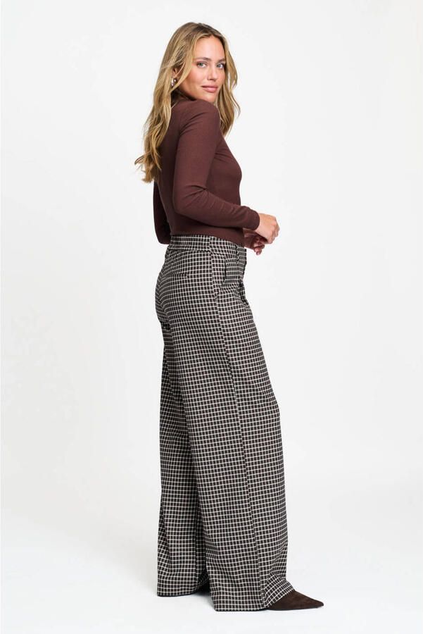 POM Amsterdam high waist straight leg geruite pantalon bruin - Foto 2