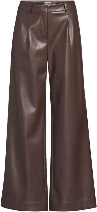 POM Amsterdam imitatieleren wide leg coated broek met plooien bruin