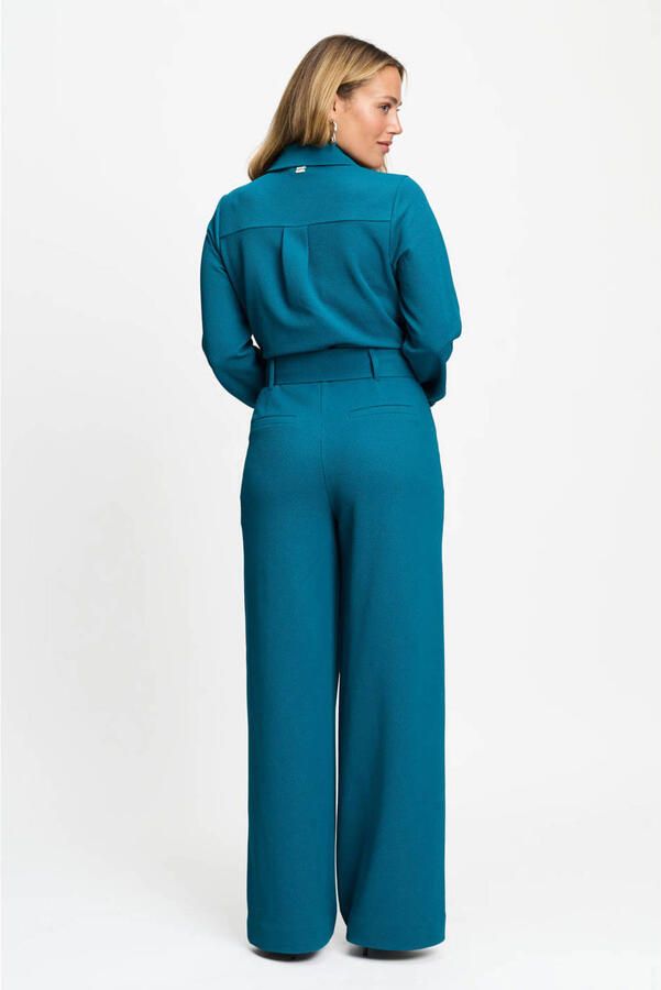 POM Amsterdam piqué jumpsuit met ceintuur en ballonmouwen petrol - Foto 2