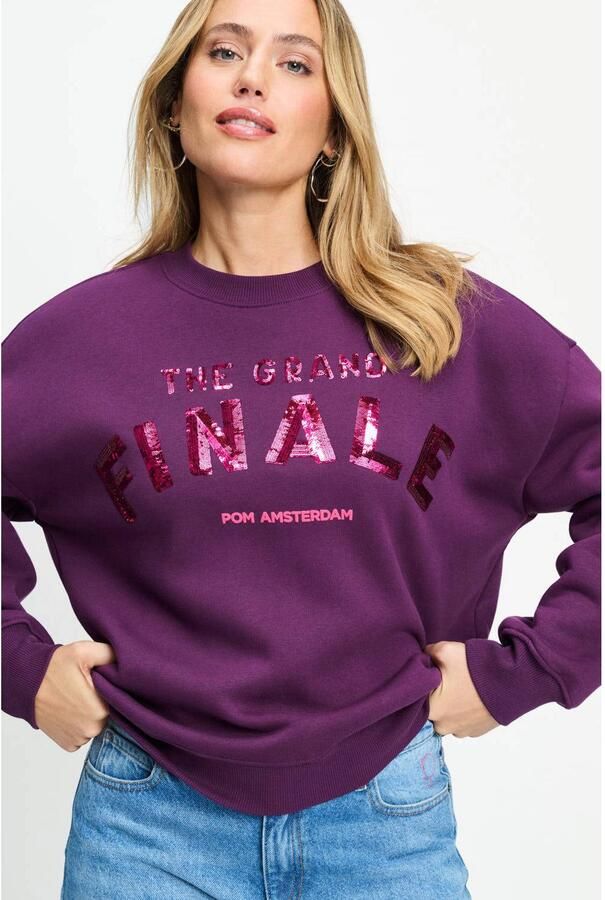 POM Amsterdam katoenen sweater met pailletten donkerpaars - Foto 2