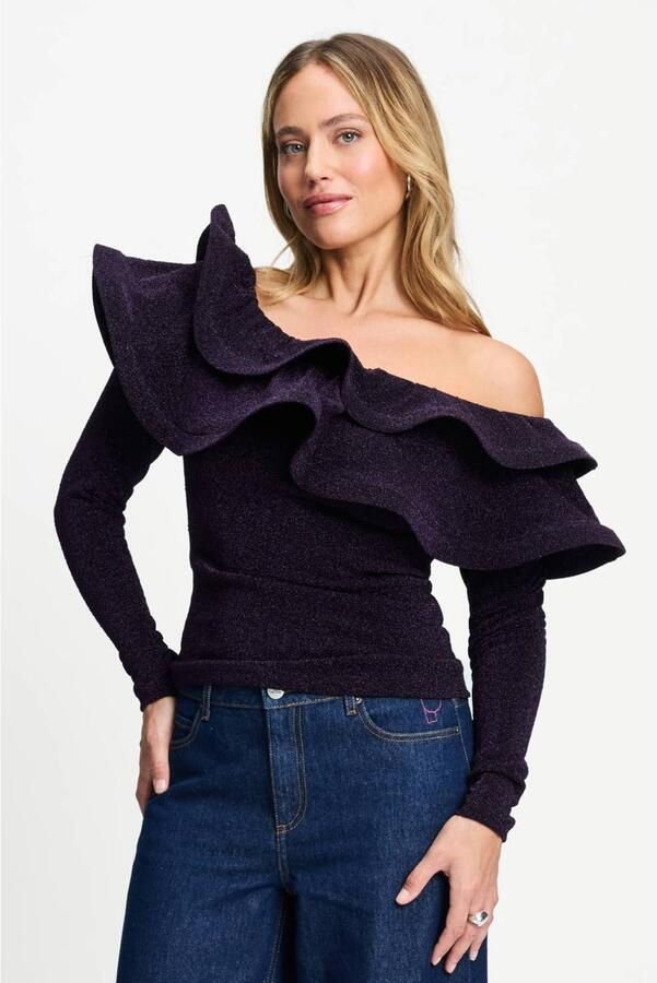 POM Amsterdam off shoulder aansluitende top met glitters zwart