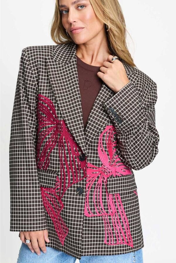 POM Amsterdam regular fit geruite blazer met borduursels bruin