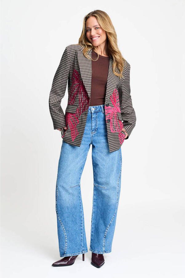 POM Amsterdam regular fit geruite blazer met borduursels bruin - Foto 2
