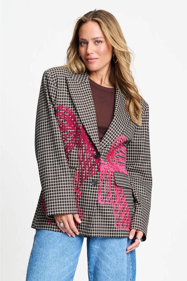 POM Amsterdam regular fit geruite blazer met borduursels bruin - Foto 4