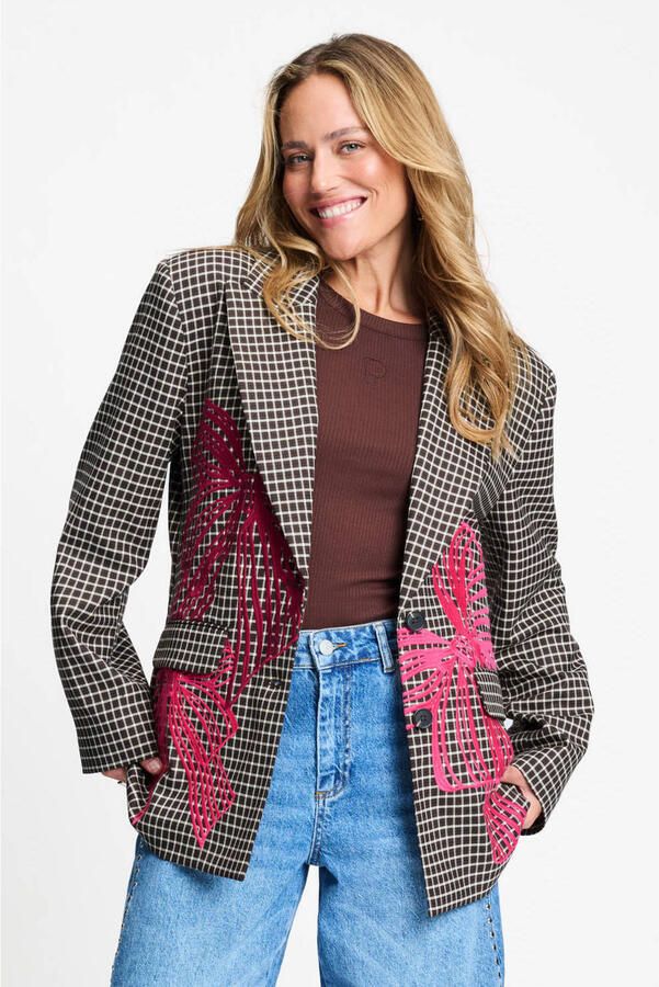 POM Amsterdam regular fit geruite blazer met borduursels bruin - Foto 3