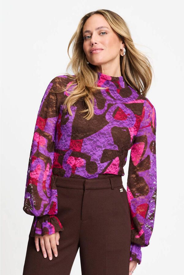 POM Amsterdam top met ruches en print bruin