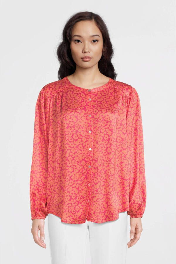 Poools geweven blouse met all over print koraalrood