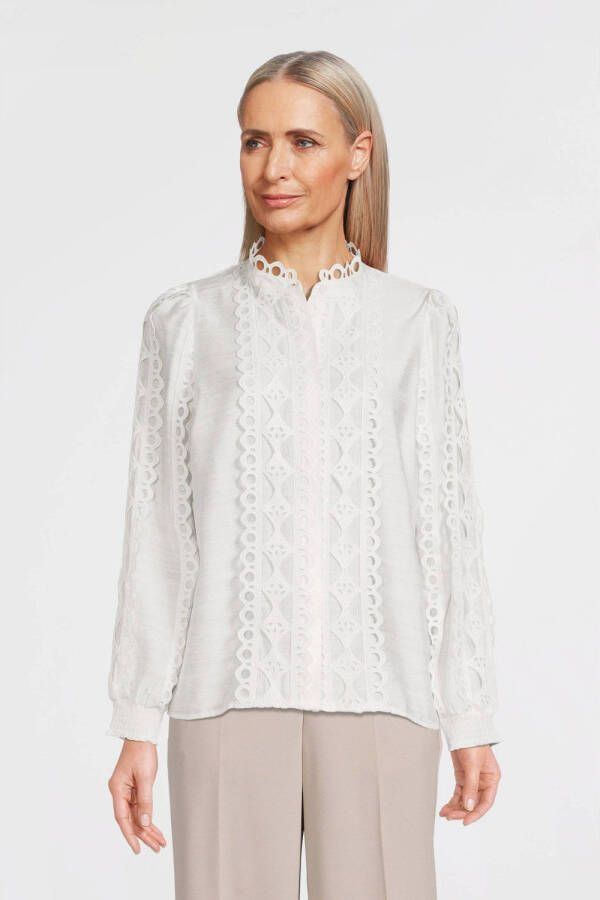 Poools geweven blouse met kant ivoor
