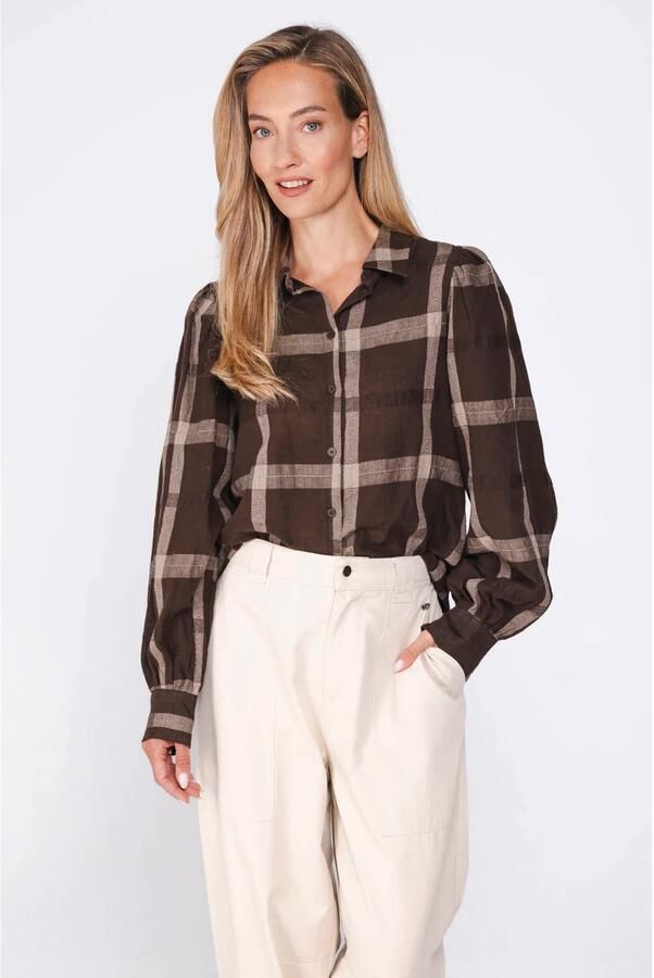 Poools geruite blouse met linnen bruin