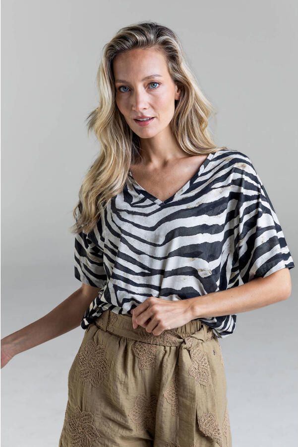 Poools top met zebraprint zwart