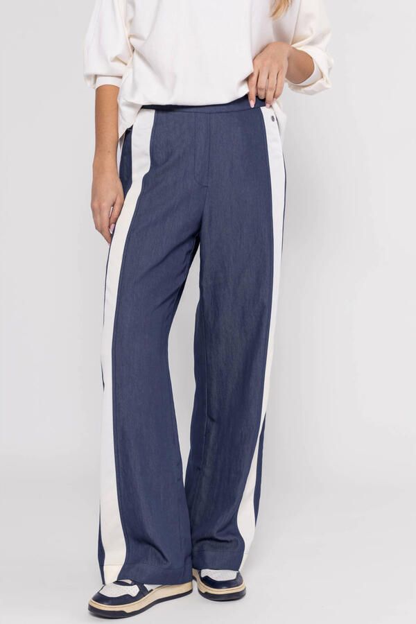 Poools wide leg high waist gestreepte casual broek donkerblauw