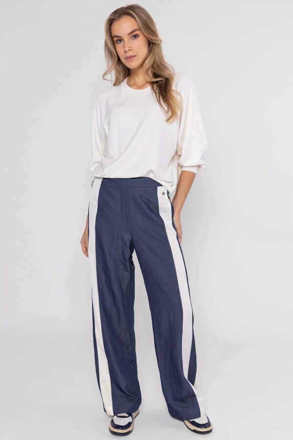 Poools wide leg high waist gestreepte casual broek donkerblauw - Foto 2