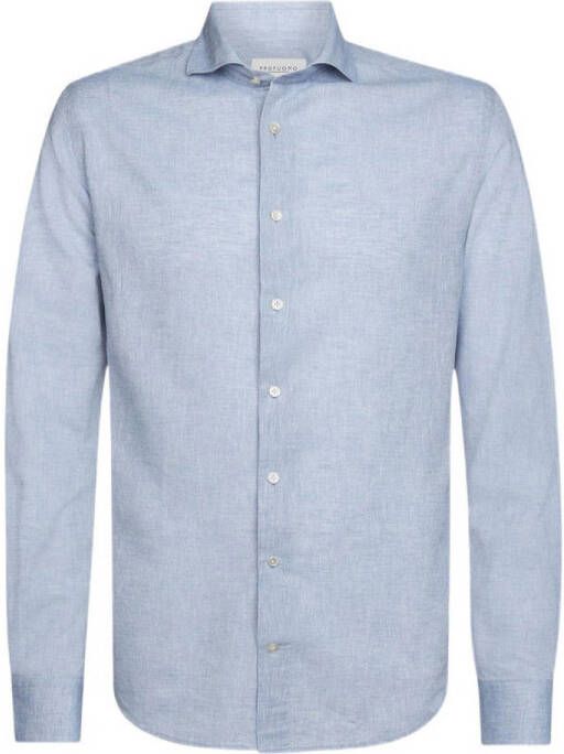 Profuomo gemêleerd slim fit overhemd met linnen blue