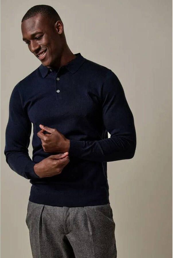 Profuomo Polo Shirt Lange Mouw Longsleeve Poloshirt Merinowol Navy - Foto 2