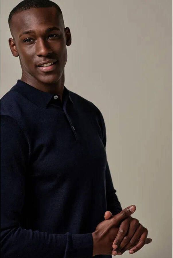 Profuomo Polo Shirt Lange Mouw Longsleeve Poloshirt Merinowol Navy