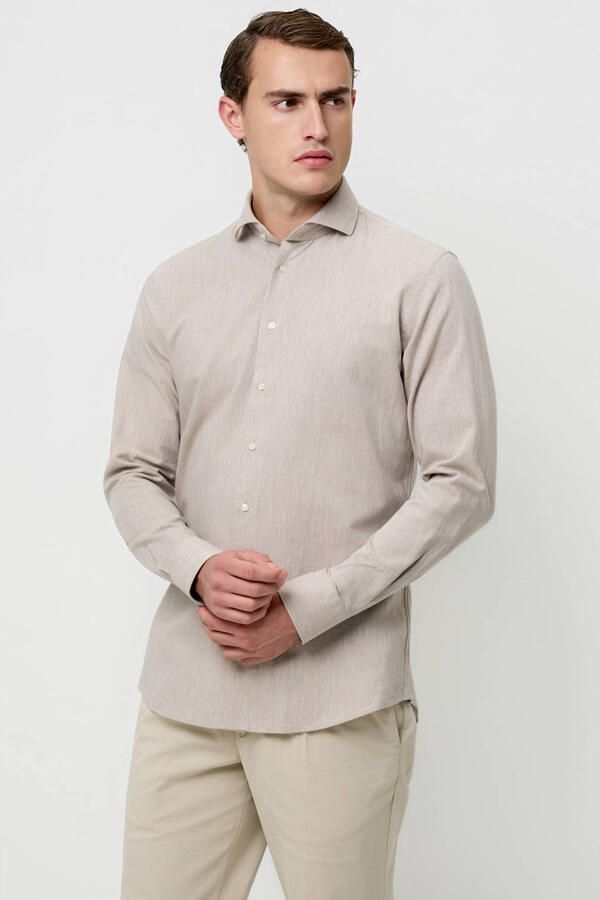 Profuomo slim casual overhemd met linnen beige - Foto 5