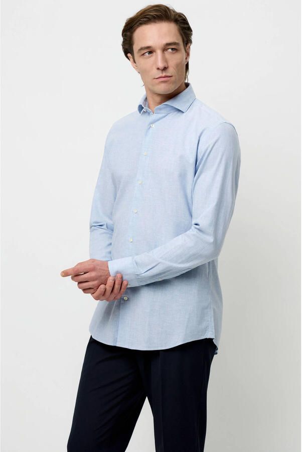 Profuomo slim casual overhemd met linnen lichtblauw