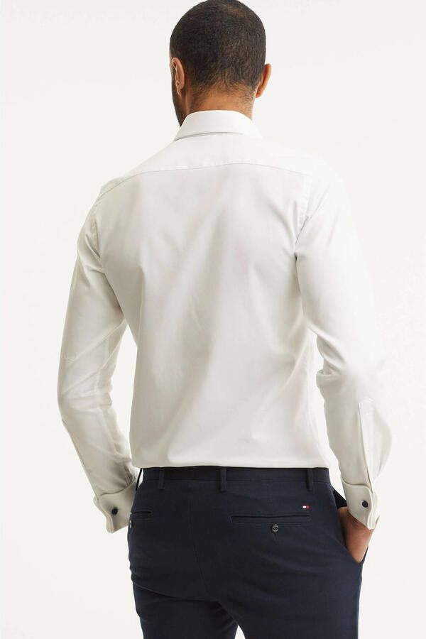 Profuomo slim fit strijkvrij overhemd met dubbele manchet wit twill two-ply - Foto 2