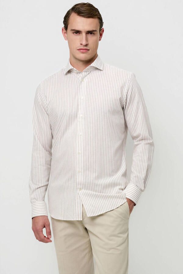 Profuomo slim gestreepte casual overhemd met linnen beige - Foto 5