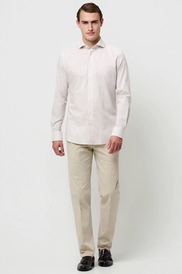 Profuomo slim gestreepte casual overhemd met linnen beige - Foto 7