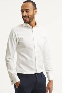 Profuomo slim fit strijkvrij overhemd met dubbele manchet wit twill two-ply