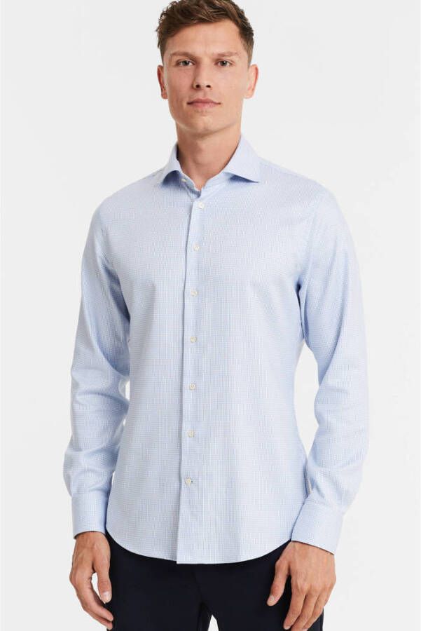 Profuomo slim fit strijkvrij overhemd blauw luxe twill met stretch