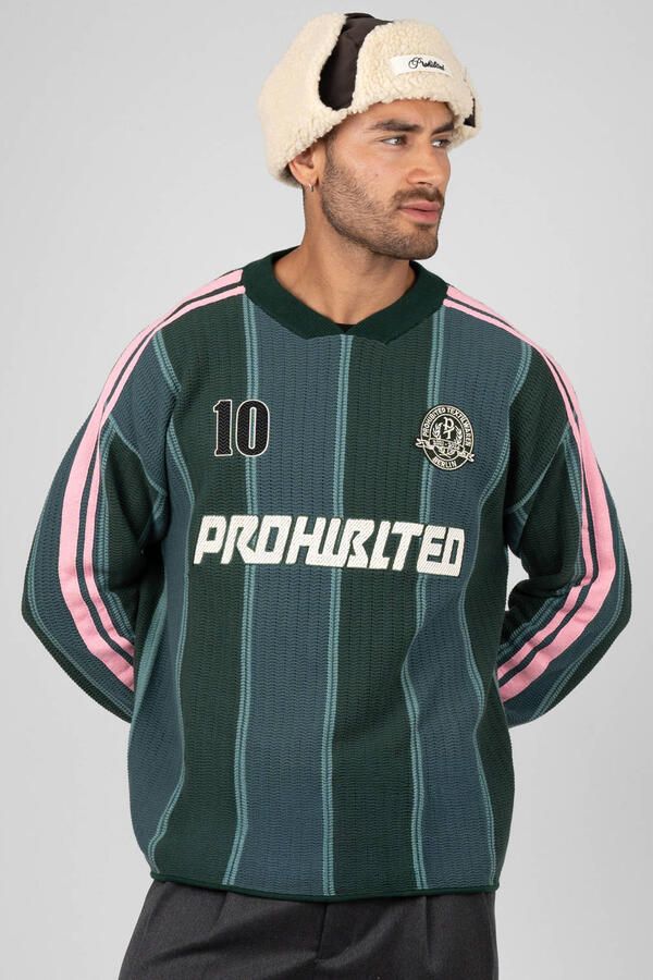Prohibited katoenen regular fit gebreide gestreepte trui met patches groen