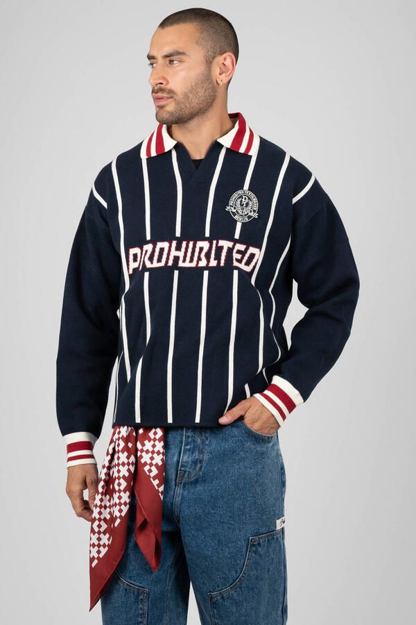 Prohibited katoenen regular fit jacquard gebreide trui met print donkerblauw
