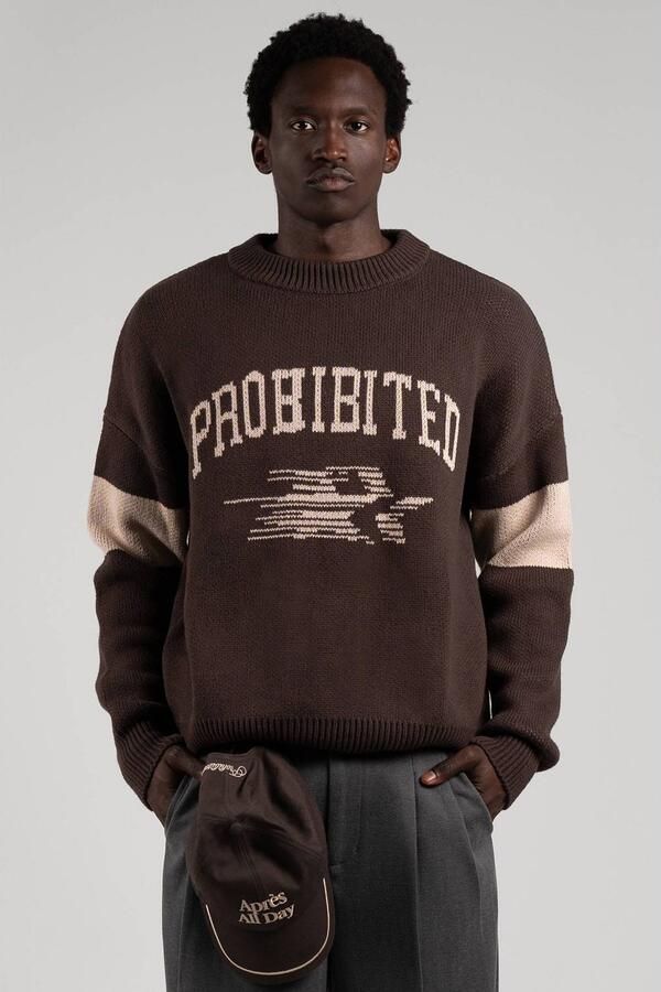 Prohibited katoenen relaxed fit gebreide trui met tekst brown