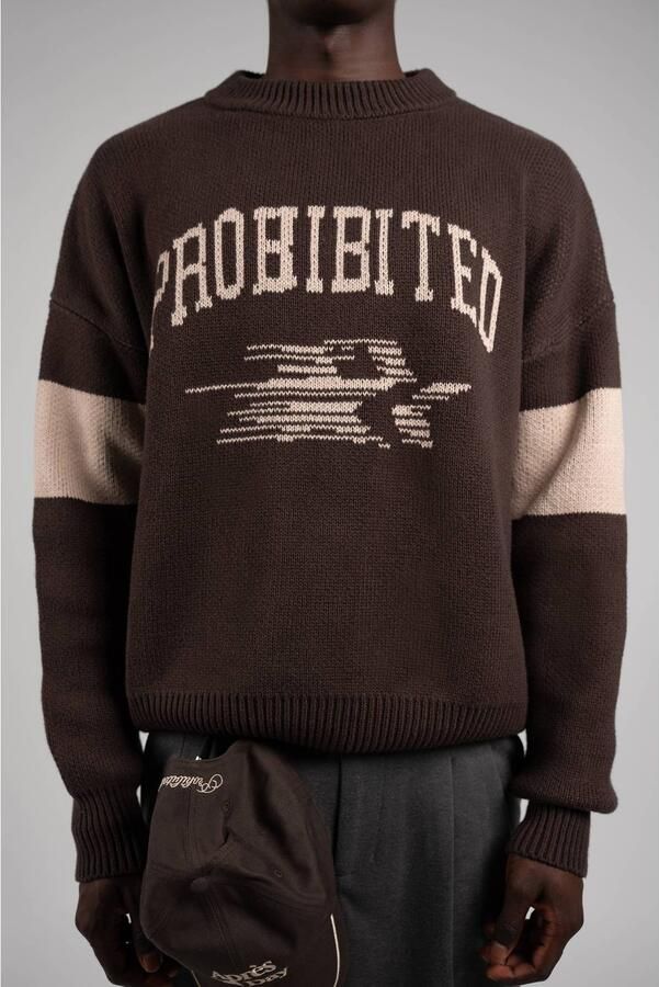Prohibited katoenen relaxed fit gebreide trui met tekst brown - Foto 3