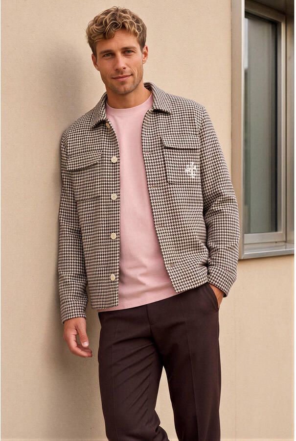 Pure Path regular fit geruit overshirt met wol ecru - Foto 2