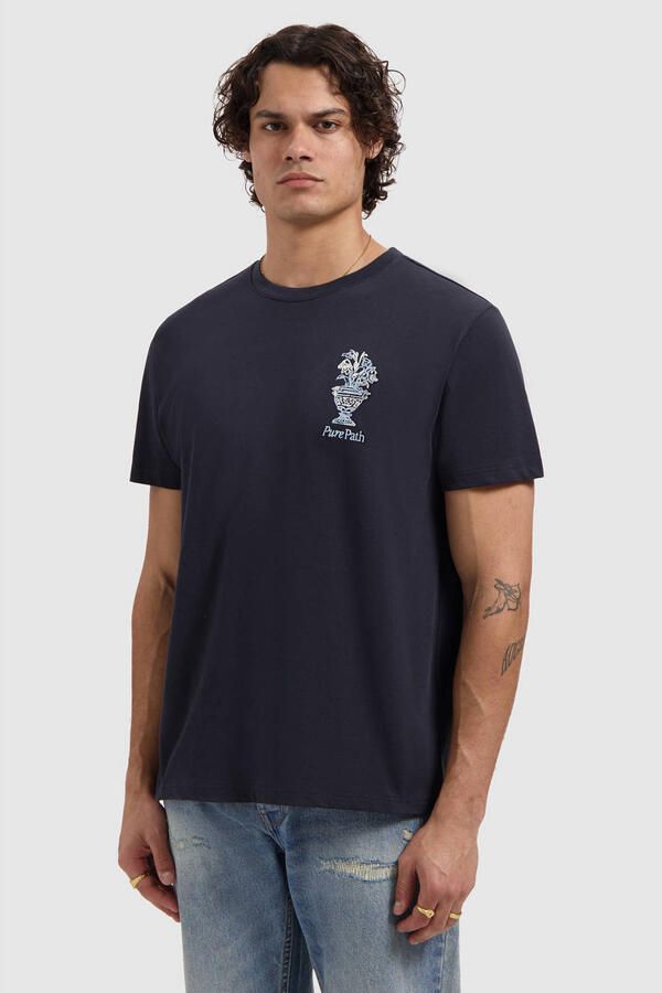 PURE PATH Heren Polo's & T-shirts Embroidered Vase T-shirt Donkerblauw - Foto 5