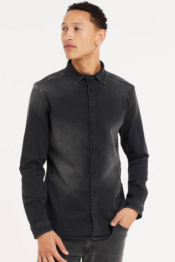 Purewhite Donkergrijze Casual Overhemd Plain Denim Shirt With Blue Pearl Buttons