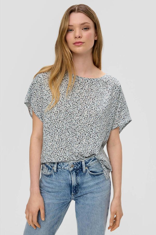 Q S by s.Oliver geweven top met all over print en open detail grijs wit - Foto 2