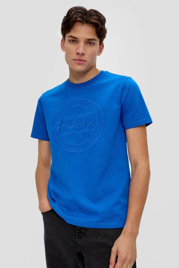 Q S by s.Oliver regular fit T-shirt met printopdruk en borduursels blauw