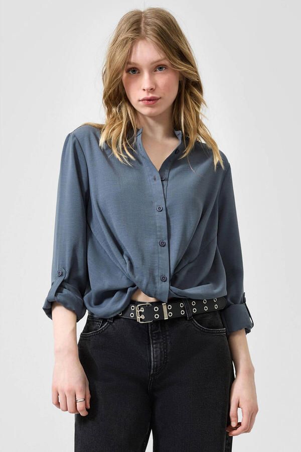 QS blouse met plooien antraciet