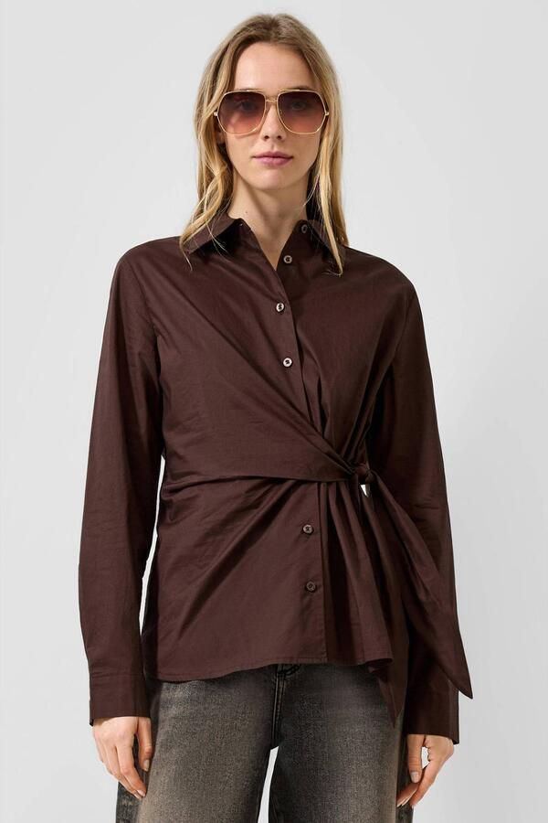 QS blouse met plooien donkerbruin