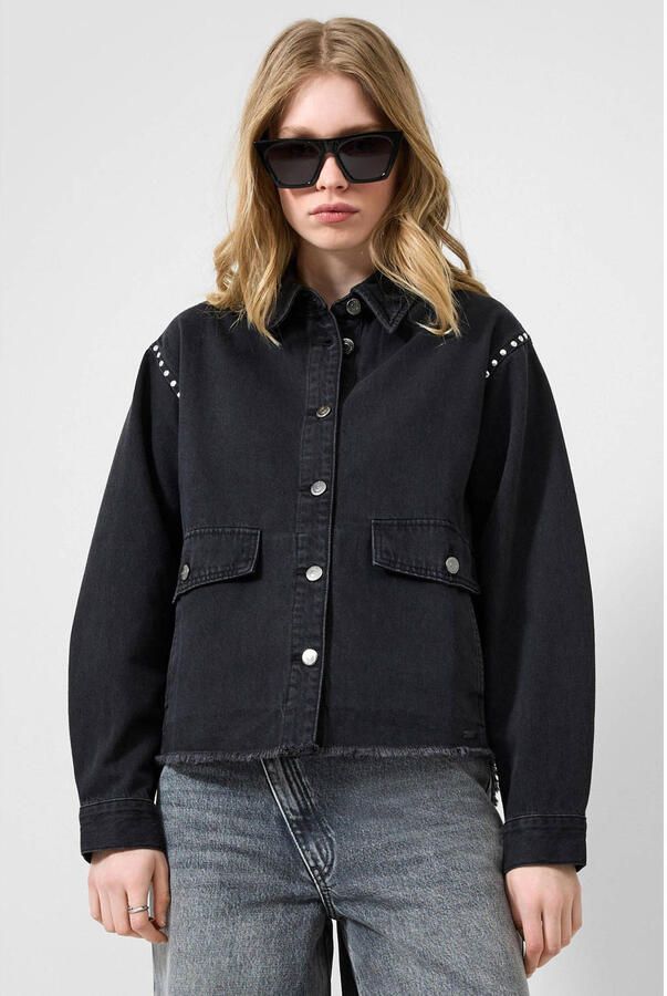 QS denim blouse met studs zwart
